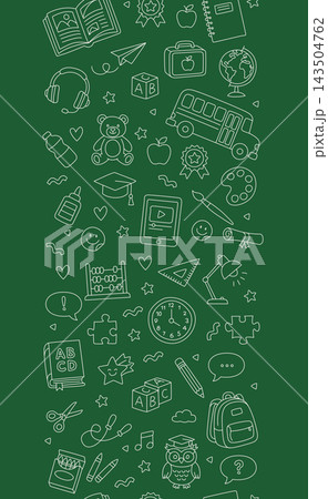 Primary school back to school vertical seamless pattern chalkboard green background line art Primary school back to school vertical seamless pattern chalkboard green background line art 143504762