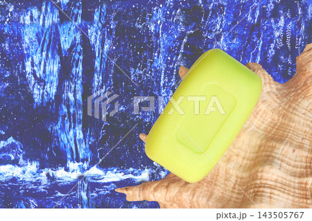 Green soap on shell conch on fresh blue waterfall Green soap on shell conch on fresh blue waterfall 143505767