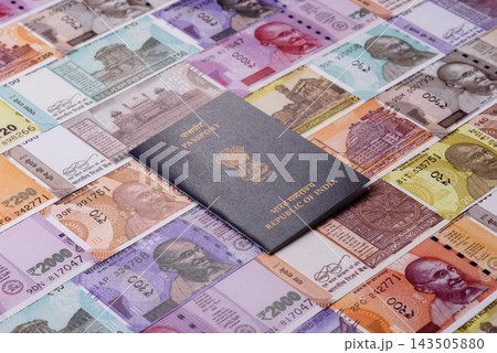 India passport for travelling, flying and doing business. Indian document, id 143505880