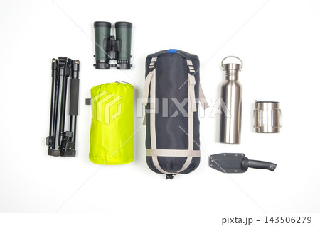 Outdoor equipment for hiking and camping on a white background 143506279