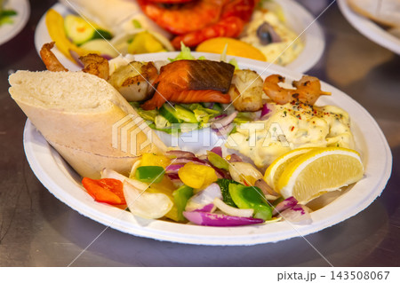 Seafood platter served with bread at a local eatery in Norway enjoyed during lunch Seafood platter served with bread at a local eatery in Norway enjoyed during lunch 143508067
