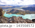 Landscape view of Norway from a mountain top showing lakes and valleys under a cloudy sky 143508572