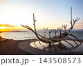 Sunset view of a sculpture in Reykjavik, Iceland near the waterfront 143508573
