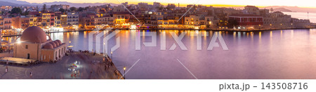Sunset Panorama of Venetian Harbor in Chania, Crete, Greece Sunset Panorama of Venetian Harbor in Chania, Crete, Greece 143508716
