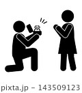 ひざまずいて婚約指輪を差し出しプロポーズする男性と驚く女性のシルエットピクトグラム 143509123