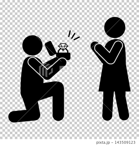 一個男人單膝跪地，出其不意地拿出訂婚戒指向女人求婚的剪影像形圖。 143509123
