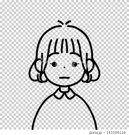 波波頭女性圖標，表情嚴肅，半身像，線條畫。 143509126