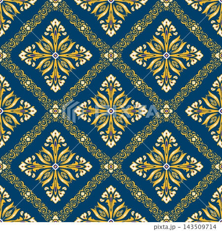 Hand-drawn Seamless Navy Blue Tile Pattern for Royal Upholstery Fabric Wallpaper Print 143509714