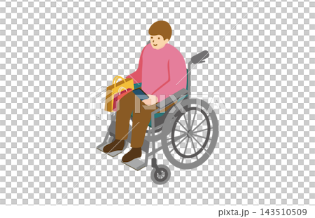 アイソメトリック　車椅子　人物　男性　スマホ　買い物　ショッピング　バリアフリー　福祉　介護　素材 143510509