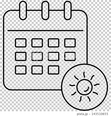 Line art style icon illustration of a calendar page with bright sun symbol isolated on transparent background. Minimalist thin line design element clip art for summer plan UI. 143510655
