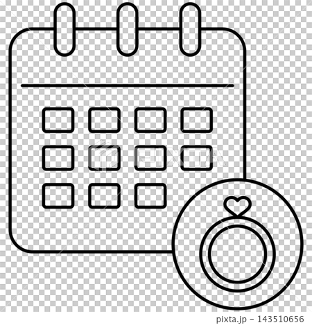 Line art style icon illustration of a calendar page with wedding diamond ring symbol isolated on transparent background. Minimalist thin line design element for wedding date UI. Line art style icon illustration of a calendar page with wedding diamond ring symbol isolated on transparent background. Minimalist thin line design element for wedding date UI. 143510656