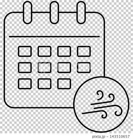 Line art style icon illustration of a calendar page with wind breeze symbol isolated on transparent background. Minimalist thin line design element for windy forecast UI. Line art style icon illustration of a calendar page with wind breeze symbol isolated on transparent background. Minimalist thin line design element for windy forecast UI. 143510657