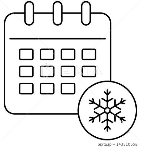 Line art style icon illustration of a calendar page with snowflake symbol isolated on transparent background. Minimalist thin line design element clip art for winter schedule UI. Line art style icon illustration of a calendar page with snowflake symbol isolated on transparent background. Minimalist thin line design element clip art for winter schedule UI. 143510658