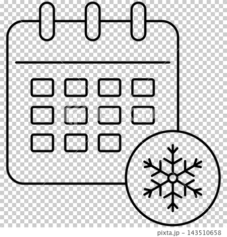 Line art style icon illustration of a calendar page with snowflake symbol isolated on transparent background. Minimalist thin line design element clip art for winter schedule UI. 143510658