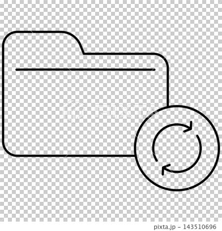 Line art style icon illustration of a folder with sync rotation arrows isolated on transparent background. Minimalist thin line design element for folder update UI. 143510696