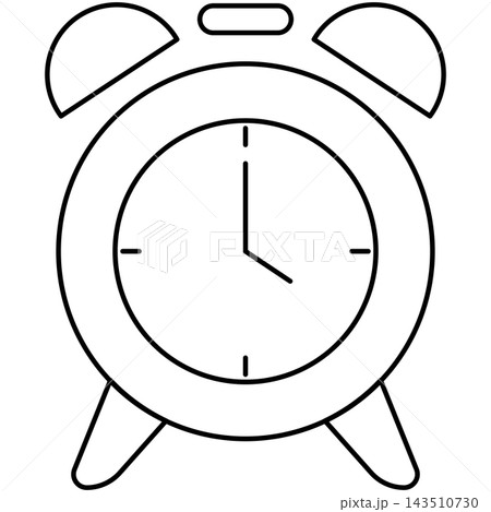 Line art style icon illustration of a classic twin bell alarm clock isolated on transparent background. Minimalist thin line design element clip art for morning wake up UI. 143510730
