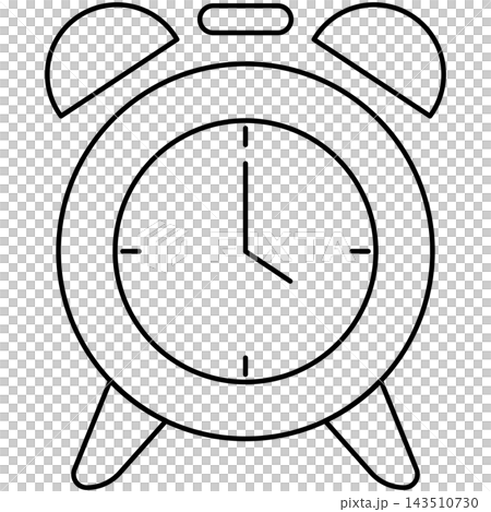 Line art style icon illustration of a classic twin bell alarm clock isolated on transparent background. Minimalist thin line design element clip art for morning wake up UI. 143510730