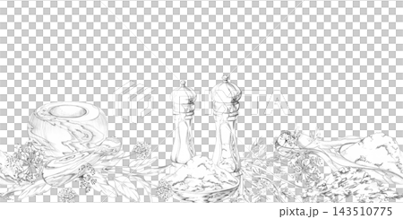 Wooden mortar, pestle, pepper mills and mixed herbs, traditional kitchen tools with crushed spices, aromatic seasonings and rustic culinary elements. Isolated hand drawn pencil seamless banner. Wooden mortar, pestle, pepper mills and mixed herbs, traditional kitchen tools with crushed spices, aromatic seasonings and rustic culinary elements. Isolated hand drawn pencil seamless banner. 143510775