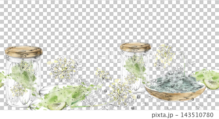 Glass jars of cucumber pickles, preserved pantry vegetables with dill and peppercorns, homemade fermented foods, crunchy garden produce. Isolated hand drawn pencil and watercolor seamless banner. Glass jars of cucumber pickles, preserved pantry vegetables with dill and peppercorns, homemade fermented foods, crunchy garden produce. Isolated hand drawn pencil and watercolor seamless banner. 143510780
