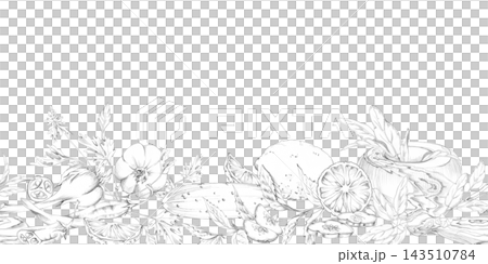 Mixed herbs, citrus fruits, vegetables for cooking, fresh Mediterranean ingredients, aromatic leaves, colorful produce and natural kitchen harvest elements. Isolated hand drawn pencil seamless banner. Mixed herbs, citrus fruits, vegetables for cooking, fresh Mediterranean ingredients, aromatic leaves, colorful produce and natural kitchen harvest elements. Isolated hand drawn pencil seamless banner. 143510784
