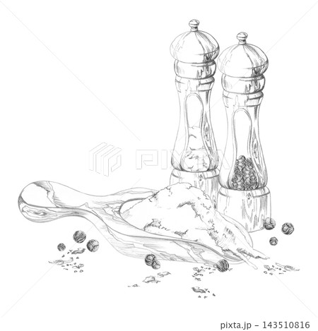 Wooden pepper mills, scattered peppercorns, spice scoop of salt. Handcrafted kitchen accessories. Isolated hand drawn pencil illustration. Gourmet events, restaurant materials, artisan food resources Wooden pepper mills, scattered peppercorns, spice scoop of salt. Handcrafted kitchen accessories. Isolated hand drawn pencil illustration. Gourmet events, restaurant materials, artisan food resources 143510816