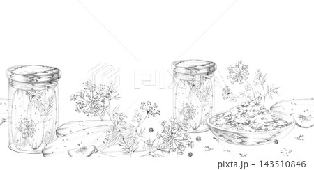 Glass jars of cucumber pickles, preserved vegetables, dill and peppercorns, homemade fermentation ingredients, traditional pantry foods with rustic details. Isolated hand drawn pencil seamless banner. 143510846