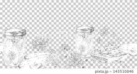 Glass jars of cucumber pickles, preserved vegetables, dill and peppercorns, homemade fermentation ingredients, traditional pantry foods with rustic details. Isolated hand drawn pencil seamless banner. 143510846