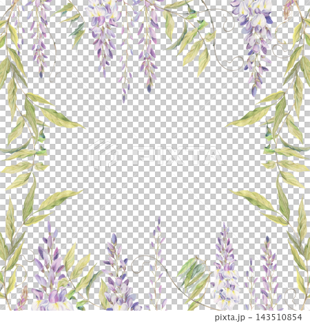 Lilac wisteria racemes, feathered plant leaves, vine tendrils. Garden-inspired square border frame. Watercolor illustration hand drawn in crayon pencil. Branding assets, greeting cards, cushion covers 143510854