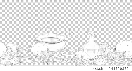 Mediterranean cuisine ingredients, olive oil jar, mixed herbs, vegetables spices and fresh citrus. Isolated hand drawn pencil seamless banner. Restaurant menus, travel publications, food culture Mediterranean cuisine ingredients, olive oil jar, mixed herbs, vegetables spices and fresh citrus. Isolated hand drawn pencil seamless banner. Restaurant menus, travel publications, food culture 143510872