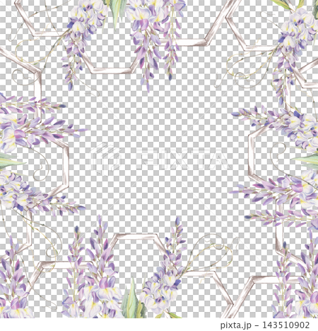 Cascading wisteria buds on wooden polygon trellis segments, green foliage, leafy tendrils. Watercolor botanical border frame hand drawn in crayon pencil. Patio furniture packaging, garden center brand Cascading wisteria buds on wooden polygon trellis segments, green foliage, leafy tendrils. Watercolor botanical border frame hand drawn in crayon pencil. Patio furniture packaging, garden center brand 143510902