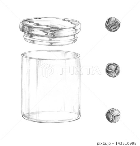 Glass jar vessel, cylindrical transparent form, wooden lid. Peppercorn wrinkled balls. Hand drawn pencil illustration. Pantry organization guides, preserving, household kitchen planning, food storage. Glass jar vessel, cylindrical transparent form, wooden lid. Peppercorn wrinkled balls. Hand drawn pencil illustration. Pantry organization guides, preserving, household kitchen planning, food storage. 143510998
