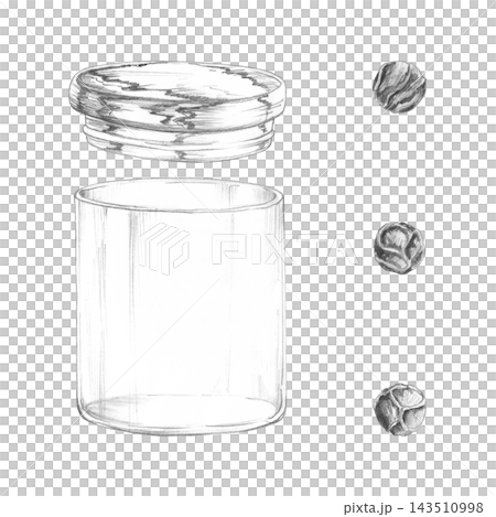 Glass jar vessel, cylindrical transparent form, wooden lid. Peppercorn wrinkled balls. Hand drawn pencil illustration. Pantry organization guides, preserving, household kitchen planning, food storage. Glass jar vessel, cylindrical transparent form, wooden lid. Peppercorn wrinkled balls. Hand drawn pencil illustration. Pantry organization guides, preserving, household kitchen planning, food storage. 143510998