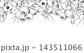 Bell-shaped bilberry, huckleberry flowers, mature blueberry berries, forest foliage. Detailed botanical composition. Isolated seamless banner hand drawn in vector ink. Nature centers, museum exhibits 143511066