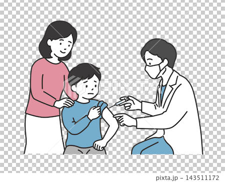 小児科で母親に見守られながらワクチン接種を受ける男の子と医師 小児科で母親に見守られながらワクチン接種を受ける男の子と医師 143511172