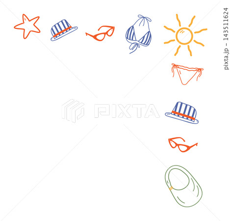 Mediterranean Vibe Decorative Corner of Summer Accessories Outline Hand Drawn Style Copyspace Sample. Isolated Vector illustration Branding, packaging or social media promotional material, poster, tag Mediterranean Vibe Decorative Corner of Summer Accessories Outline Hand Drawn Style Copyspace Sample. Isolated Vector illustration Branding, packaging or social media promotional material, poster, tag 143511624