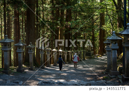 杉林と石灯籠に囲まれた三峯神社の参道を歩く参拝者 143511771
