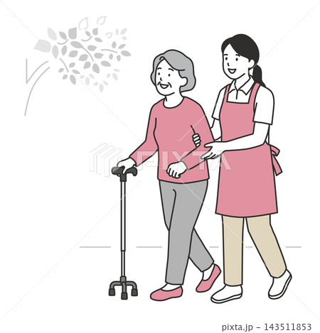 屋外で多点杖をついて散歩するシニア女性と付き添い歩行介助する介護士のイラスト 屋外で多点杖をついて散歩するシニア女性と付き添い歩行介助する介護士のイラスト 143511853