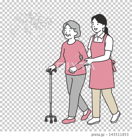 屋外で多点杖をついて散歩するシニア女性と付き添い歩行介助する介護士のイラスト 屋外で多点杖をついて散歩するシニア女性と付き添い歩行介助する介護士のイラスト 143511853