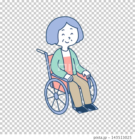 A cheerful elderly woman with bobbed hair sitting in a wheelchair. A cheerful elderly woman with bobbed hair sitting in a wheelchair. 143513025