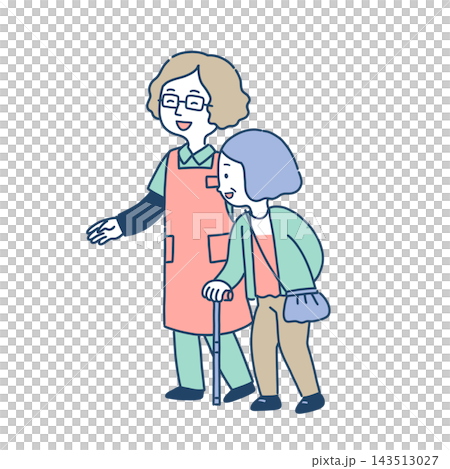 A female caregiver assists an elderly woman walking with a cane. A female caregiver assists an elderly woman walking with a cane. 143513027