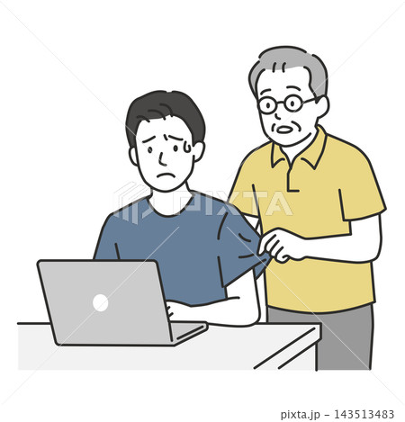 在宅勤務中に認知症の父親から服を引っ張られ困る息子のイラスト 在宅勤務中に認知症の父親から服を引っ張られ困る息子のイラスト 143513483