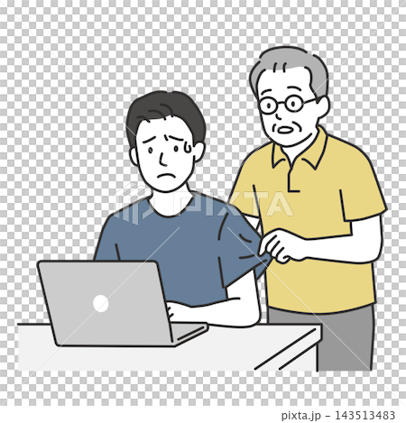 在宅勤務中に認知症の父親から服を引っ張られ困る息子のイラスト 在宅勤務中に認知症の父親から服を引っ張られ困る息子のイラスト 143513483