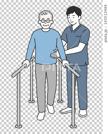 An illustration of a senior man undergoing walking training using parallel bars with the assistance of a physical therapist. An illustration of a senior man undergoing walking training using parallel bars with the assistance of a physical therapist. 143513484