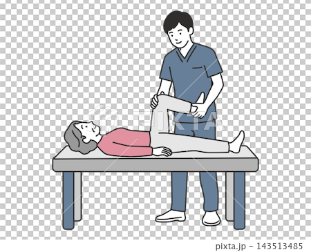 An illustration of a woman receiving knee and hip flexion exercises from a physical therapist on a rehabilitation table. An illustration of a woman receiving knee and hip flexion exercises from a physical therapist on a rehabilitation table. 143513485