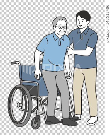 插圖描繪了一名男性護理人員協助輪椅使用者站立和轉移的場景。 插圖描繪了一名男性護理人員協助輪椅使用者站立和轉移的場景。 143513486