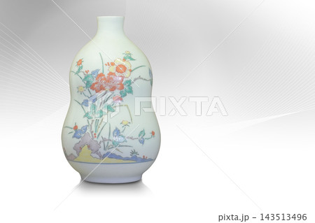 front view antique white gourd shaped vase on white line on grey and white background, object, decor, fashion, collection, copy space 143513496