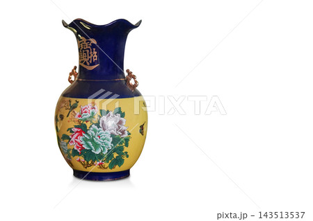 front view antique blue and yellow ceramic pot on white background, object, vintage, decor, modern, old, copy space 143513537