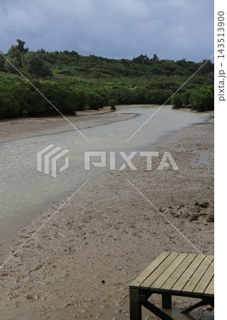 沖縄県宮古島の島尻マングローブ林で干潮時に現れる広い干潟と見学用木道の風景 沖縄県宮古島の島尻マングローブ林で干潮時に現れる広い干潟と見学用木道の風景 143513900