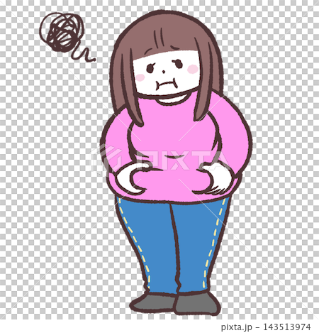 An illustration of an overweight woman who is concerned about her body fat. 143513974