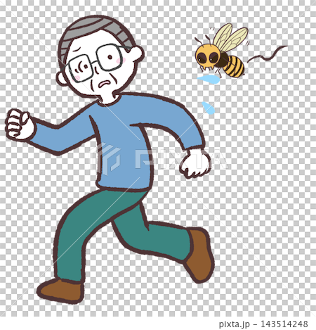 Illustration of a senior man being chased by bees Illustration of a senior man being chased by bees 143514248
